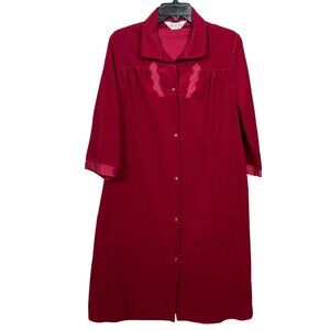 Vanity Fair House Dress Muumuu M Burgundy Red Velour Snap Embroidered Pockets